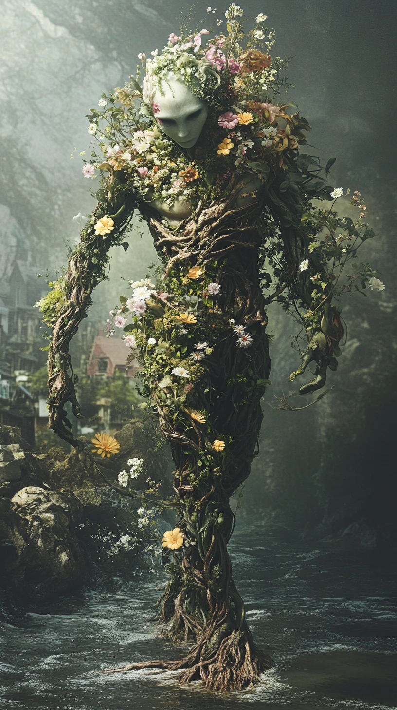 Espírito da natureza de flores e oceano surgindo à beira-mar