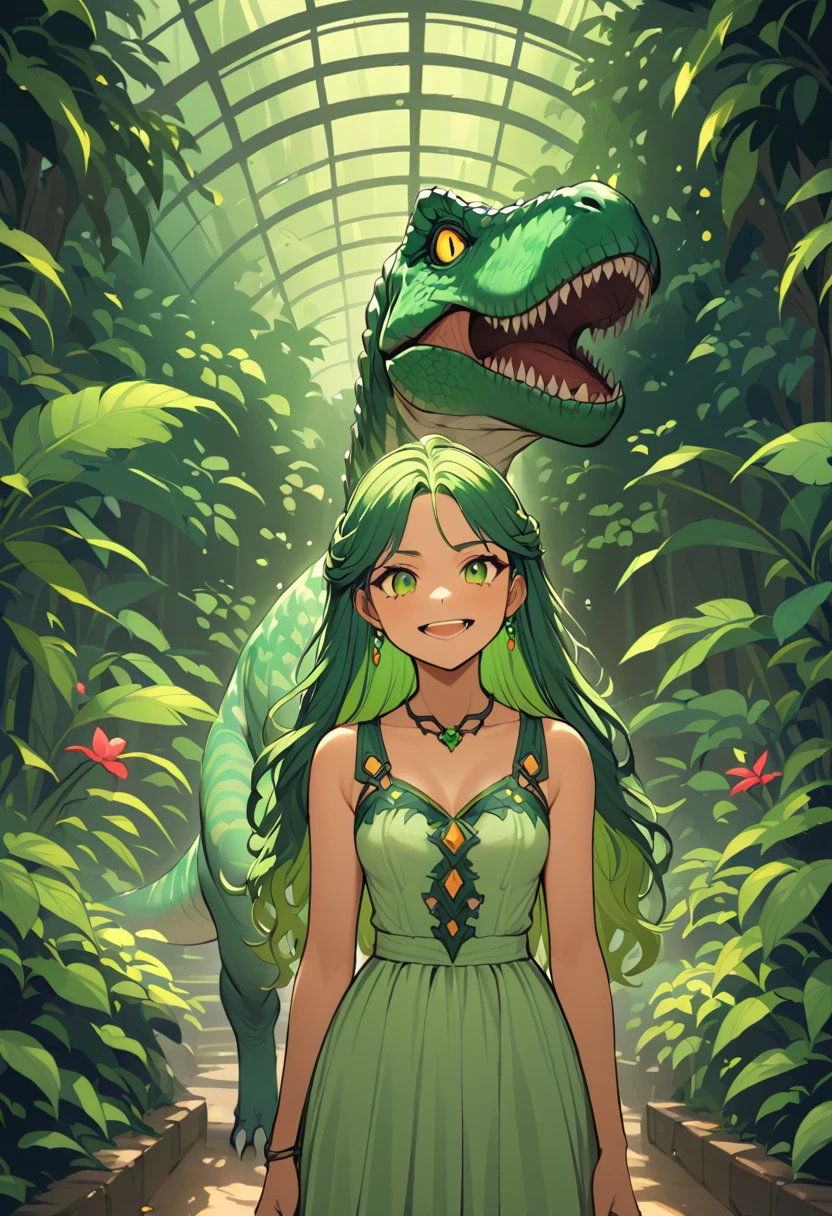Smiling anime girl in greenhouse with friendly dinosaur