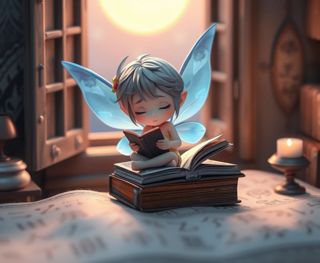 Süßes Anime-Pixie-Mädchen liest auf einem Stapel Bücher