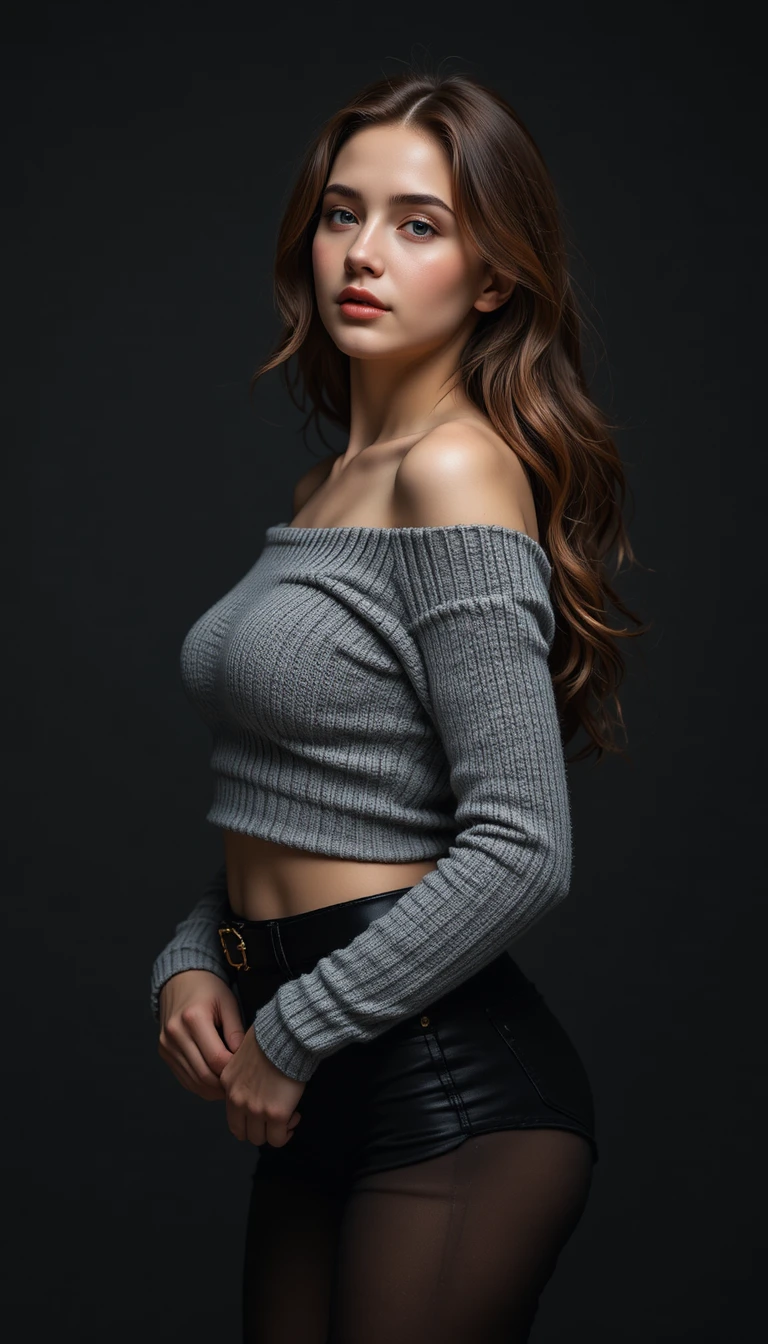 Junge Frau im Off-Shoulder-Pullover im Studio-Porträt