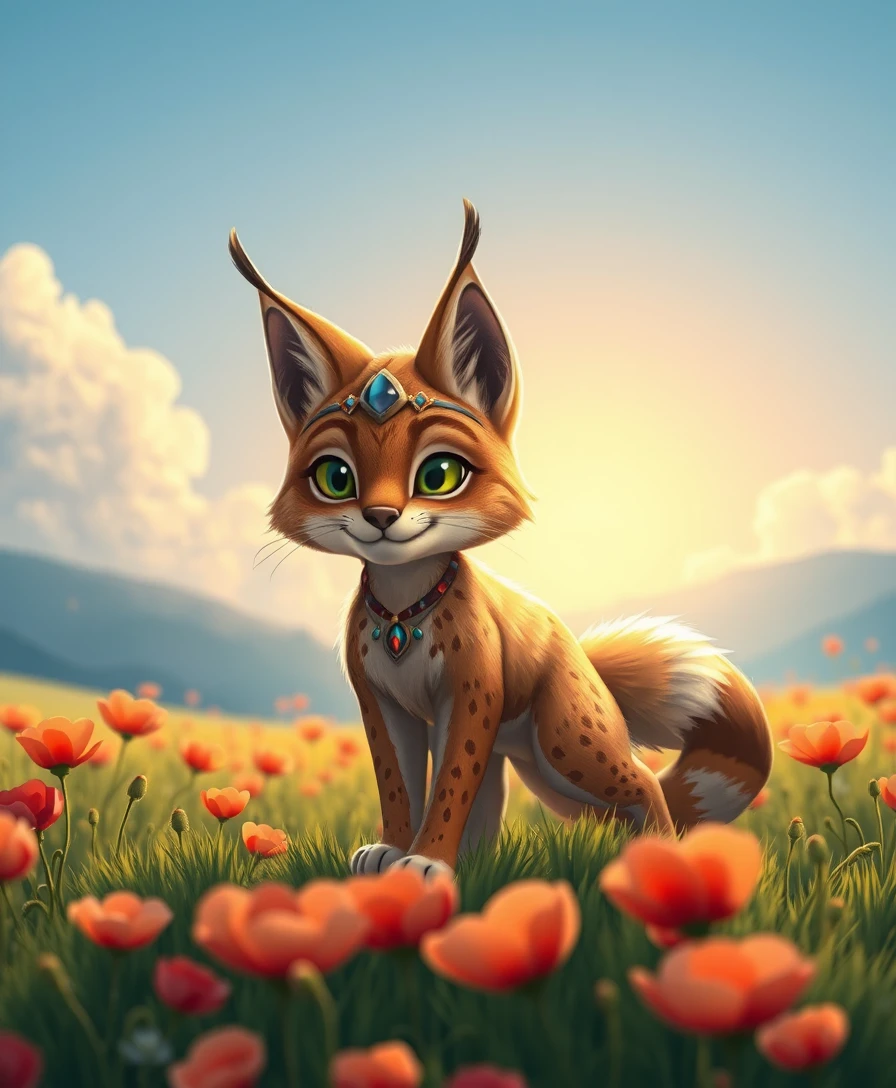 Lince chibi de anime caminhando por um campo de papoulas ao sol