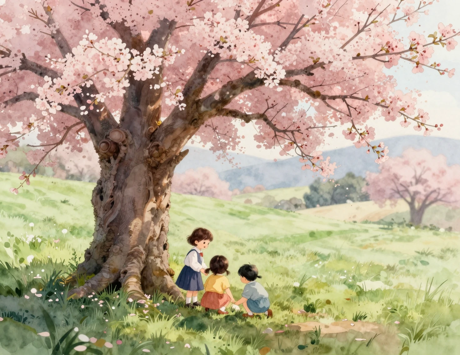 Children Playing Hide And Seek Beneath A Blossoming Tree