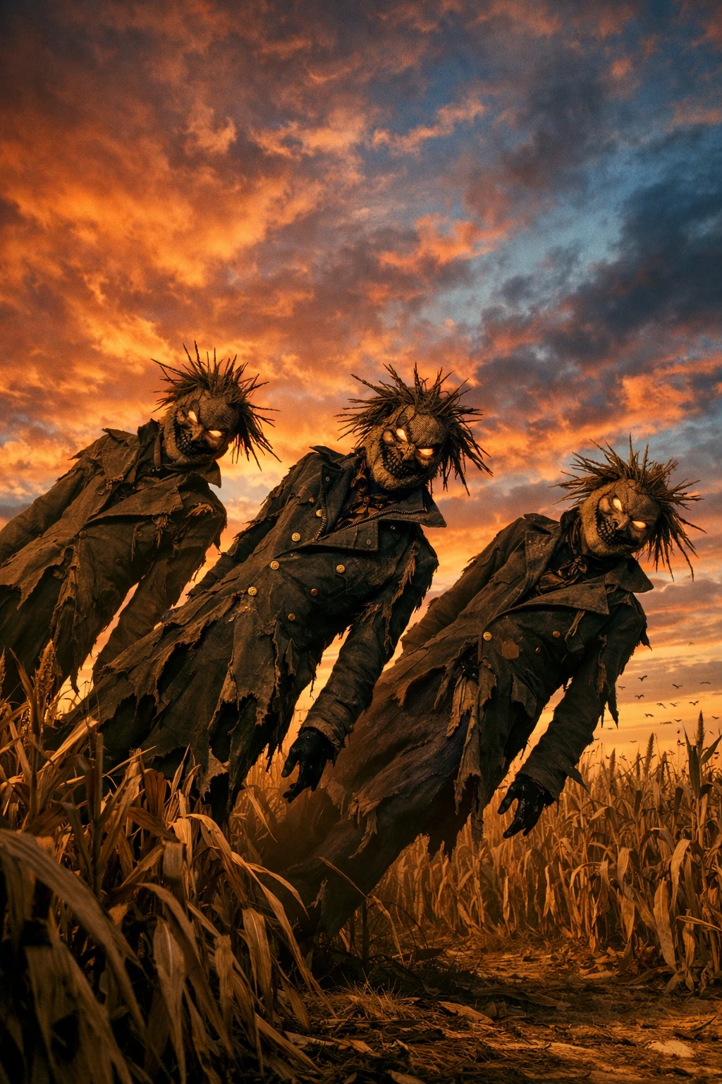 Espantalhos assustadores inclinados em um pôr do sol surreal no milharal