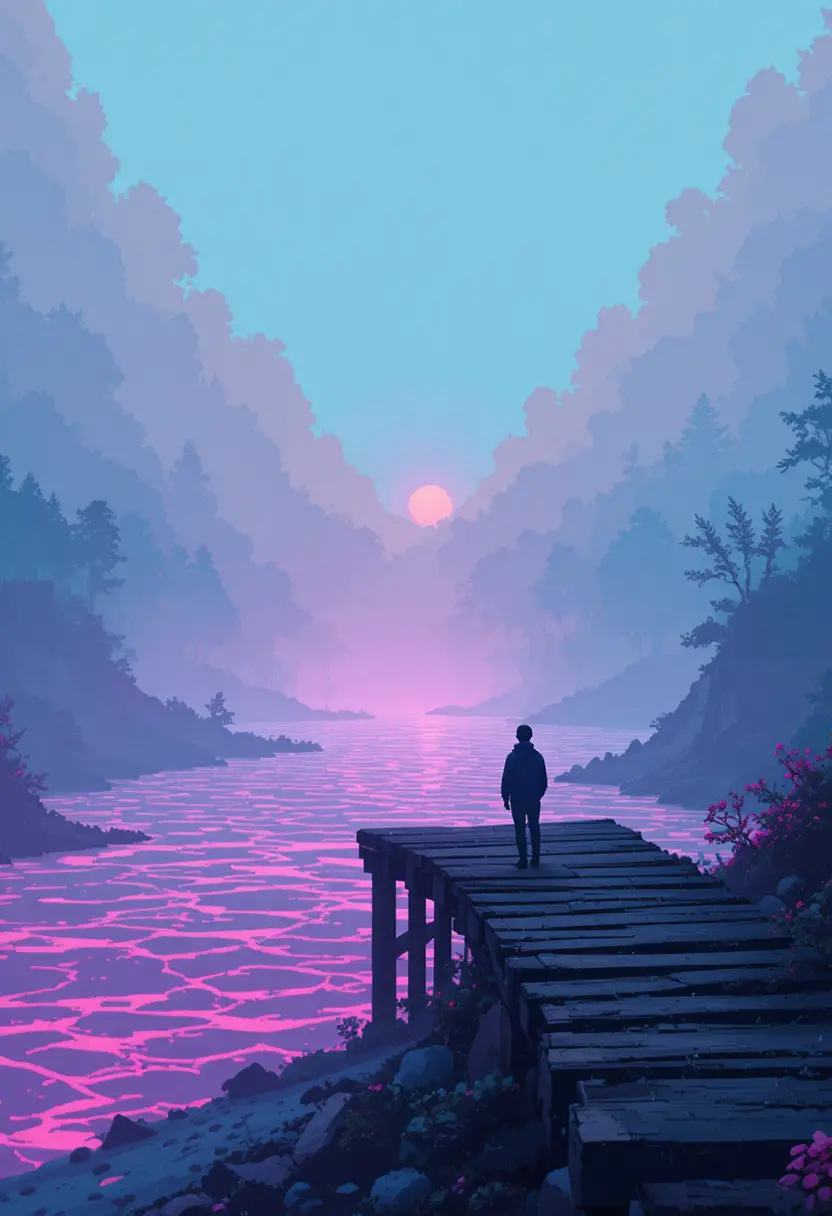 Lac en pixel art sur une rive brumeuse à l’aube rose