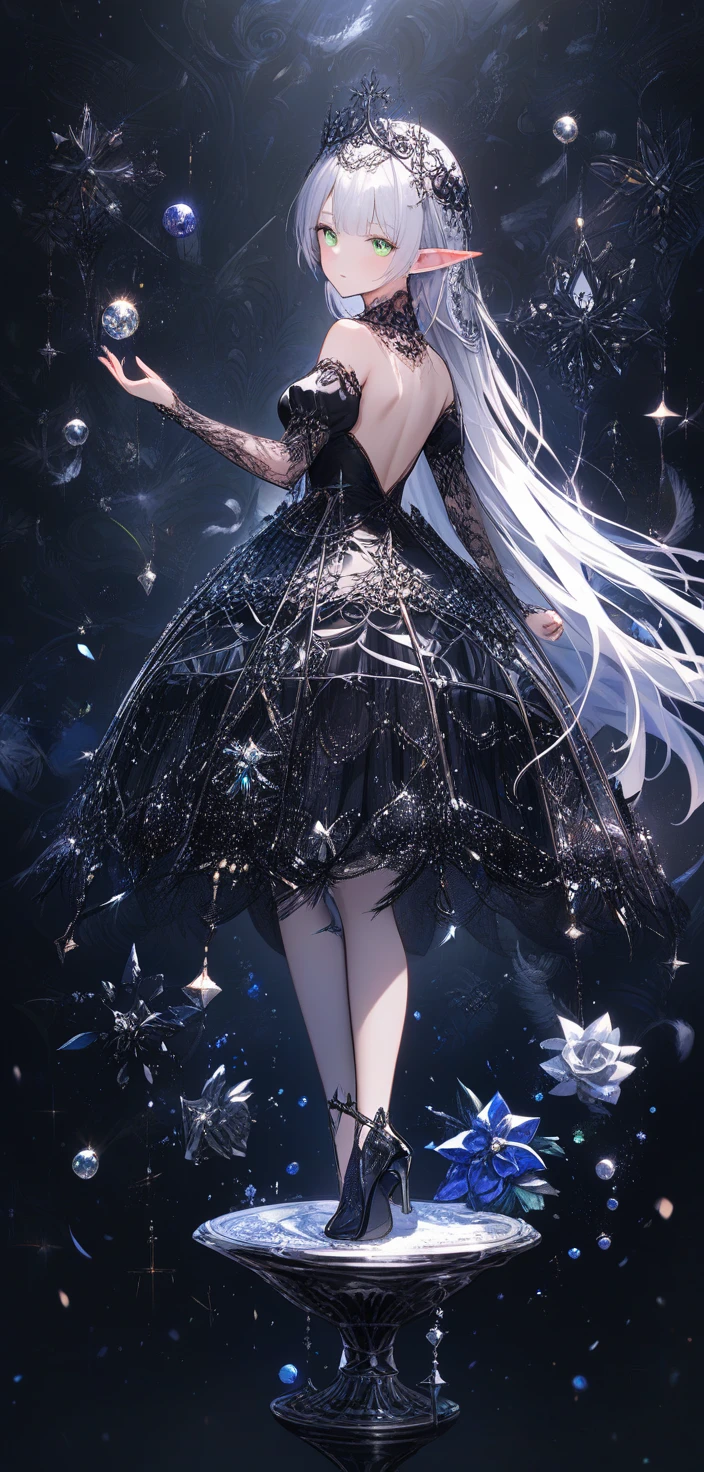 Ballerina elfica con elegante abito piumato in argento scuro