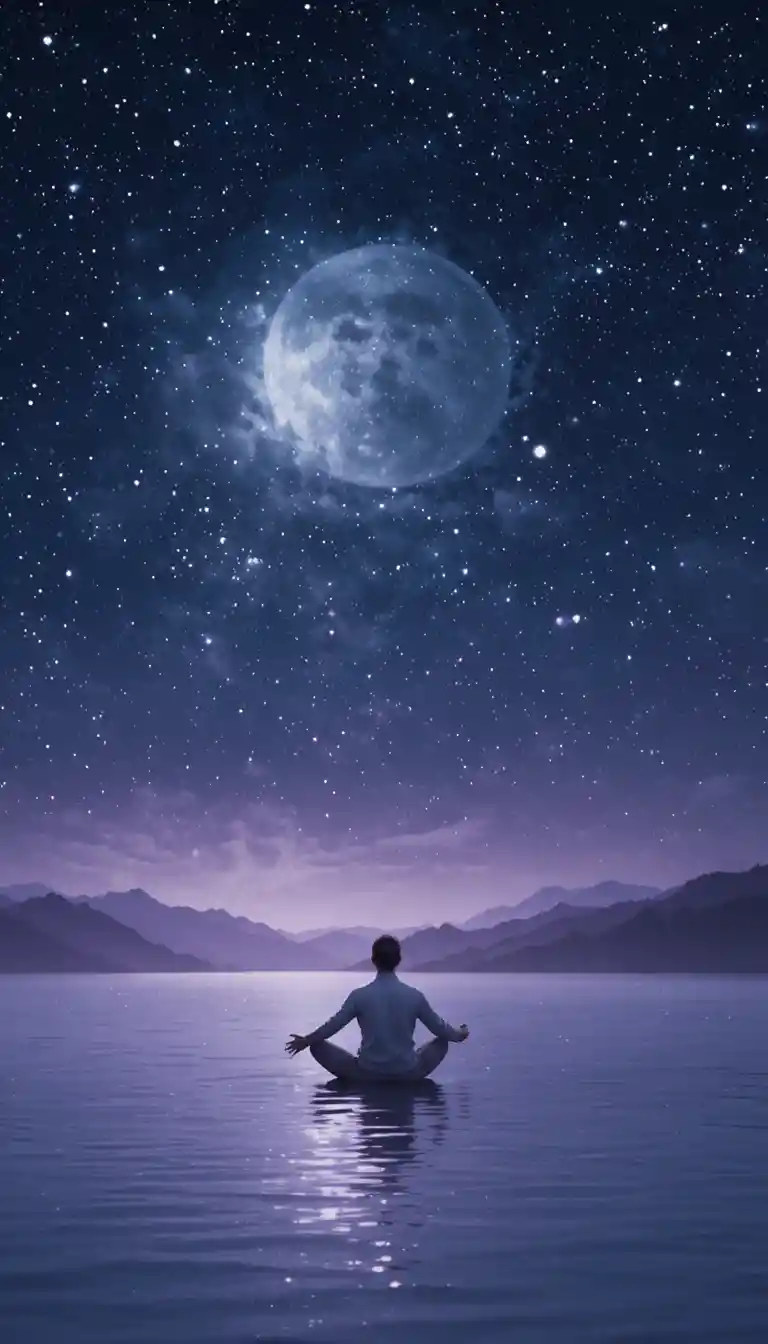Persona Seduta sul Lago al Chiar di Luna sotto un Cielo Stellato