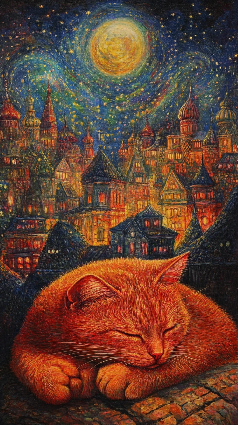 Gato vermelho dormindo tranquilamente sobre uma cidade noturna iluminada