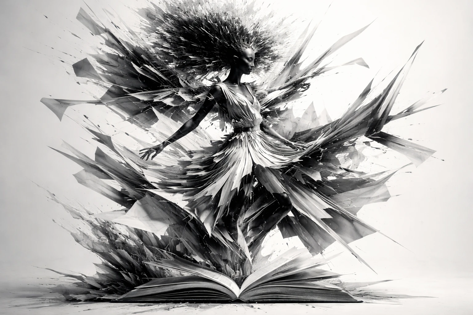 Abstrakte feminine Form, die sich in fragmentierte monochrome Geometrie auflöst