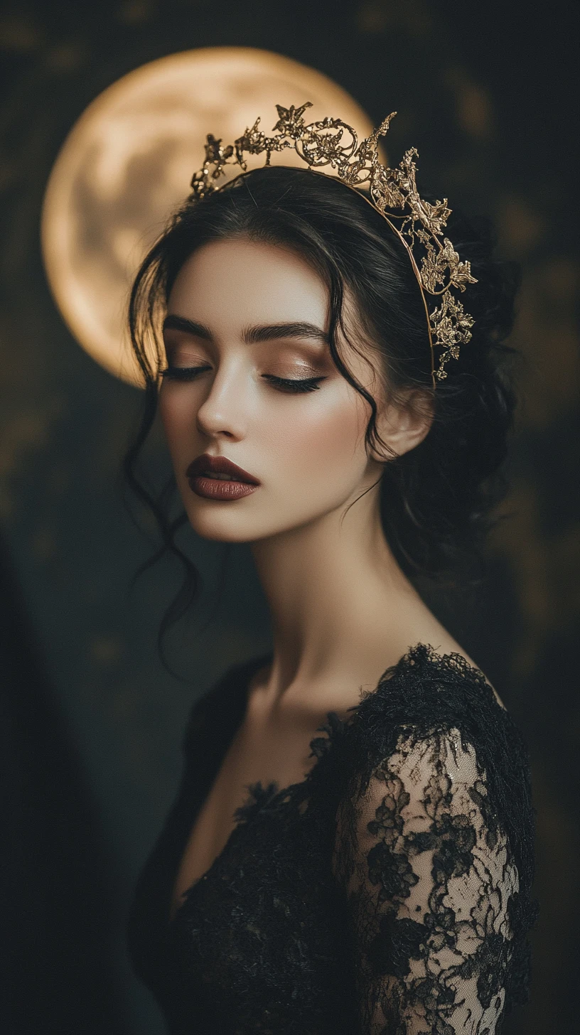 Sposa gotica nell’ombra con corona a mezzaluna e cielo d’eclissi