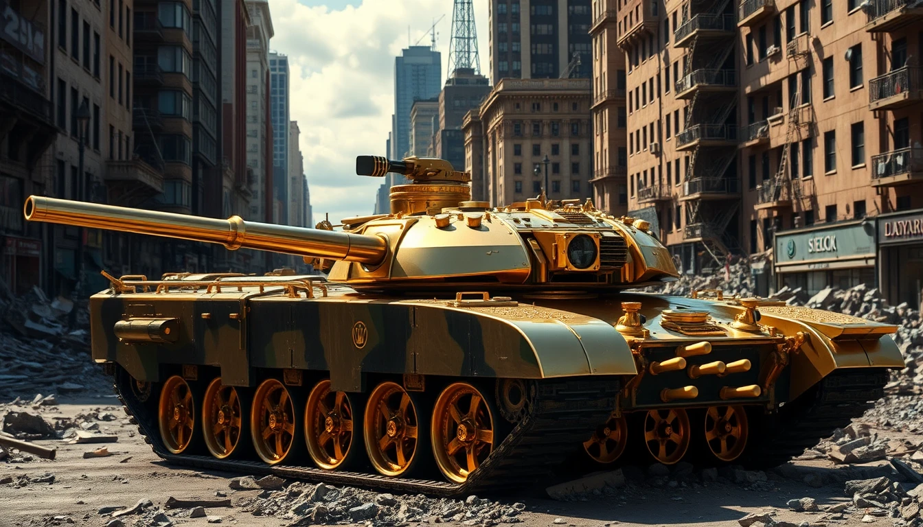 Tanque niquelado com rodas douradas em ruas de cidade em ruínas