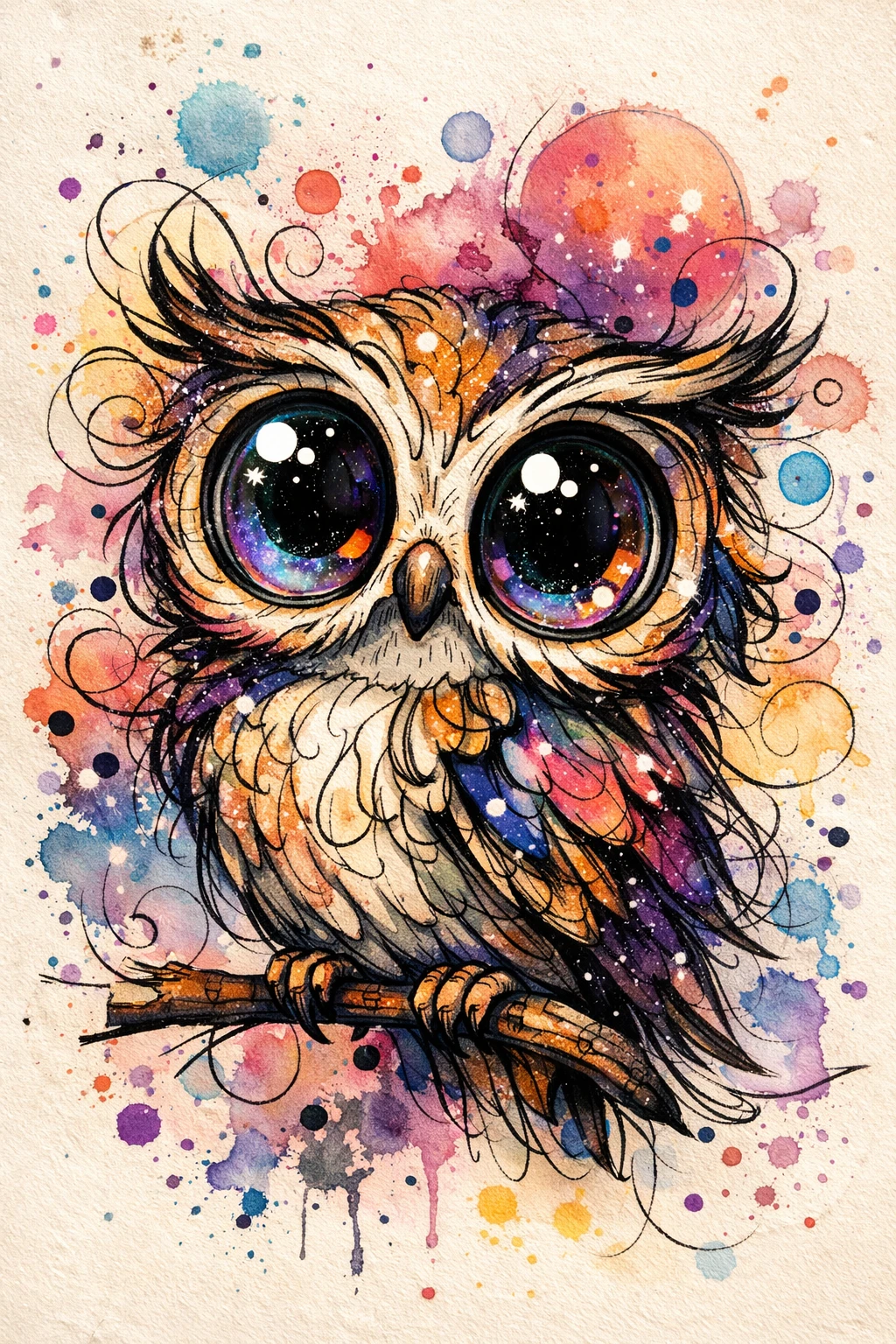 Coruja divertida de olhos enormes em tinta e aquarela abstratas