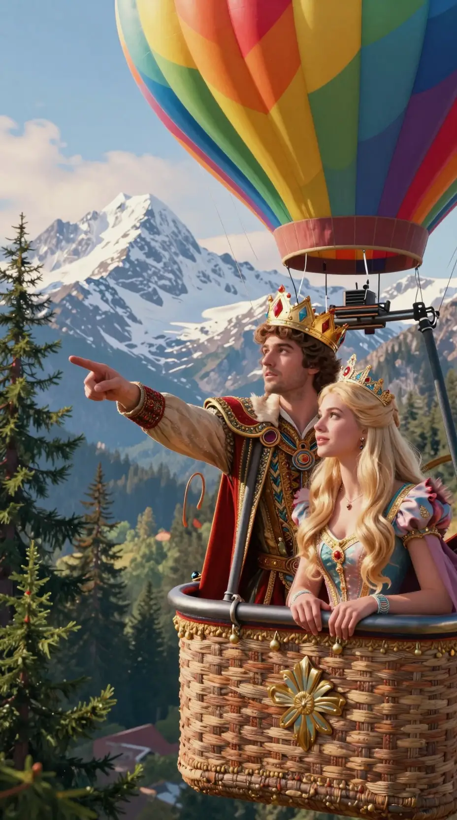 Royal couple in a rainbow air balloon over snowy mountains
