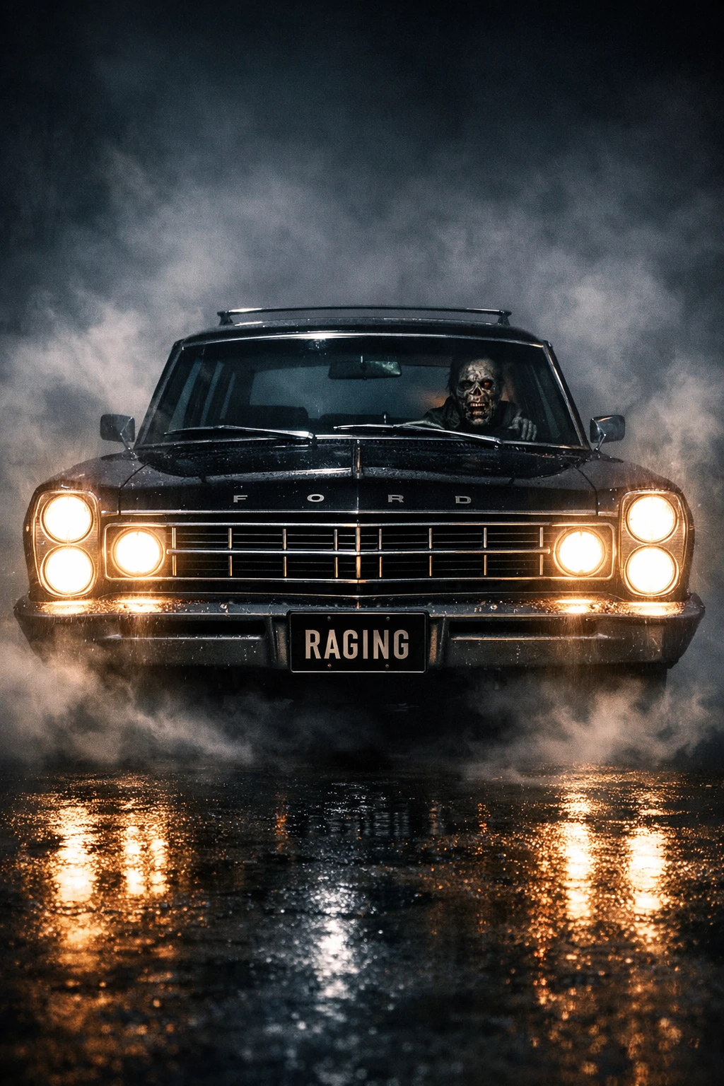 Vintage station wagon with zombie on foggy night road