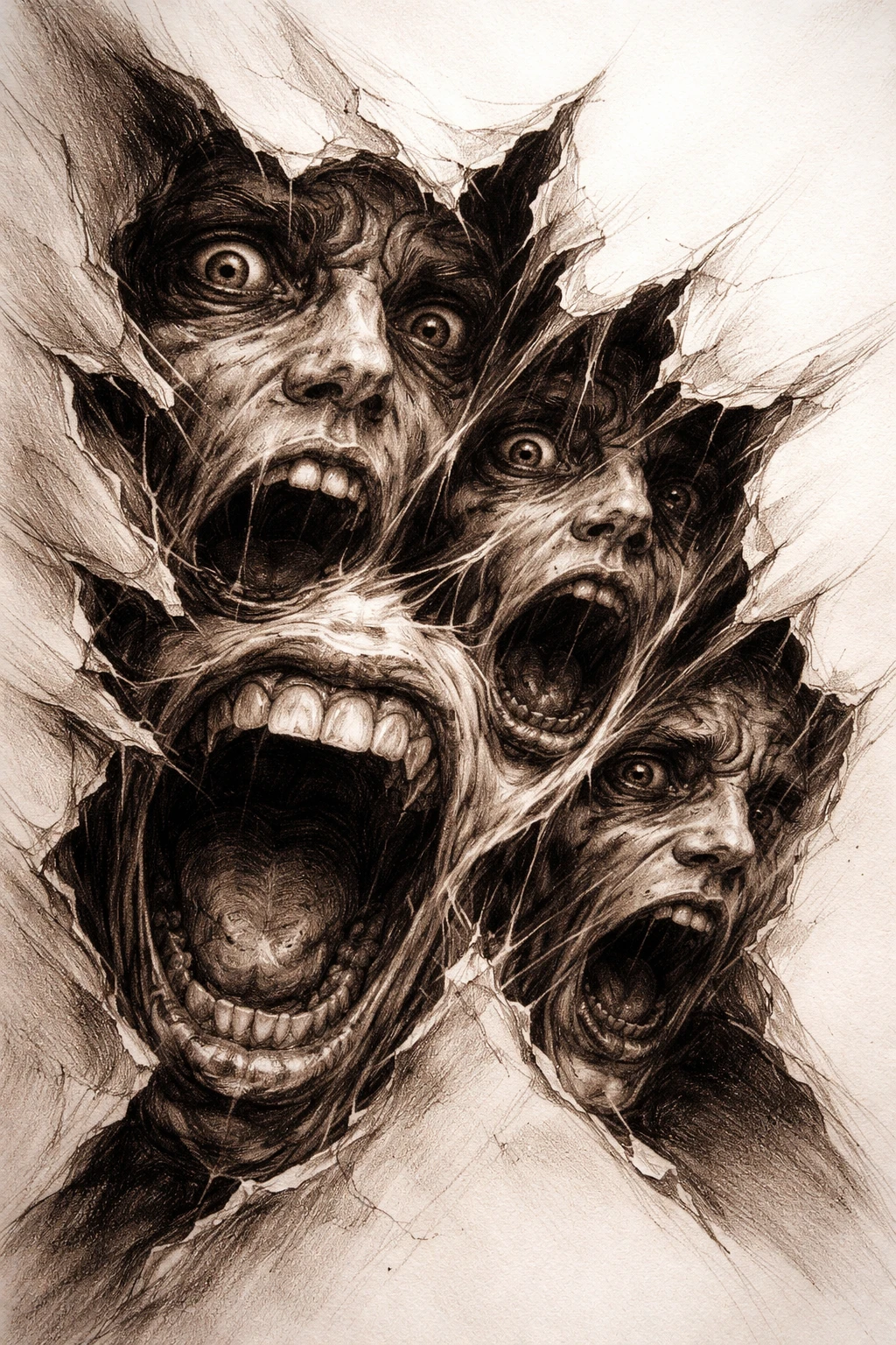 Desenho a lápis fragmentado de rostos humanos distorcidos gritando