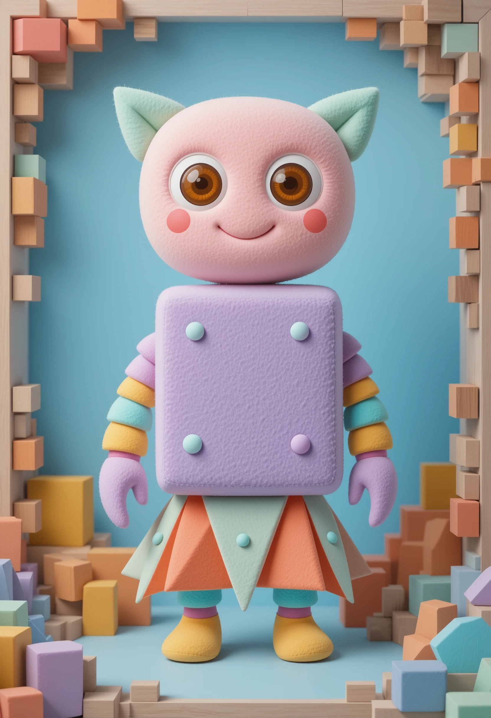 Personaggio di peluche geometrico su sfondo azzurro tenue