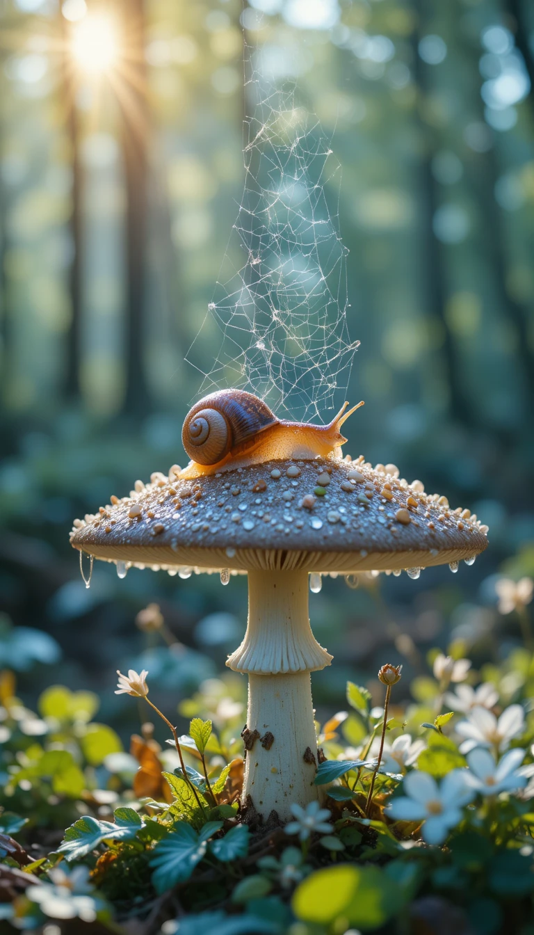 Caracol de viña sobre un hongo del bosque en primavera soleada en primer plano