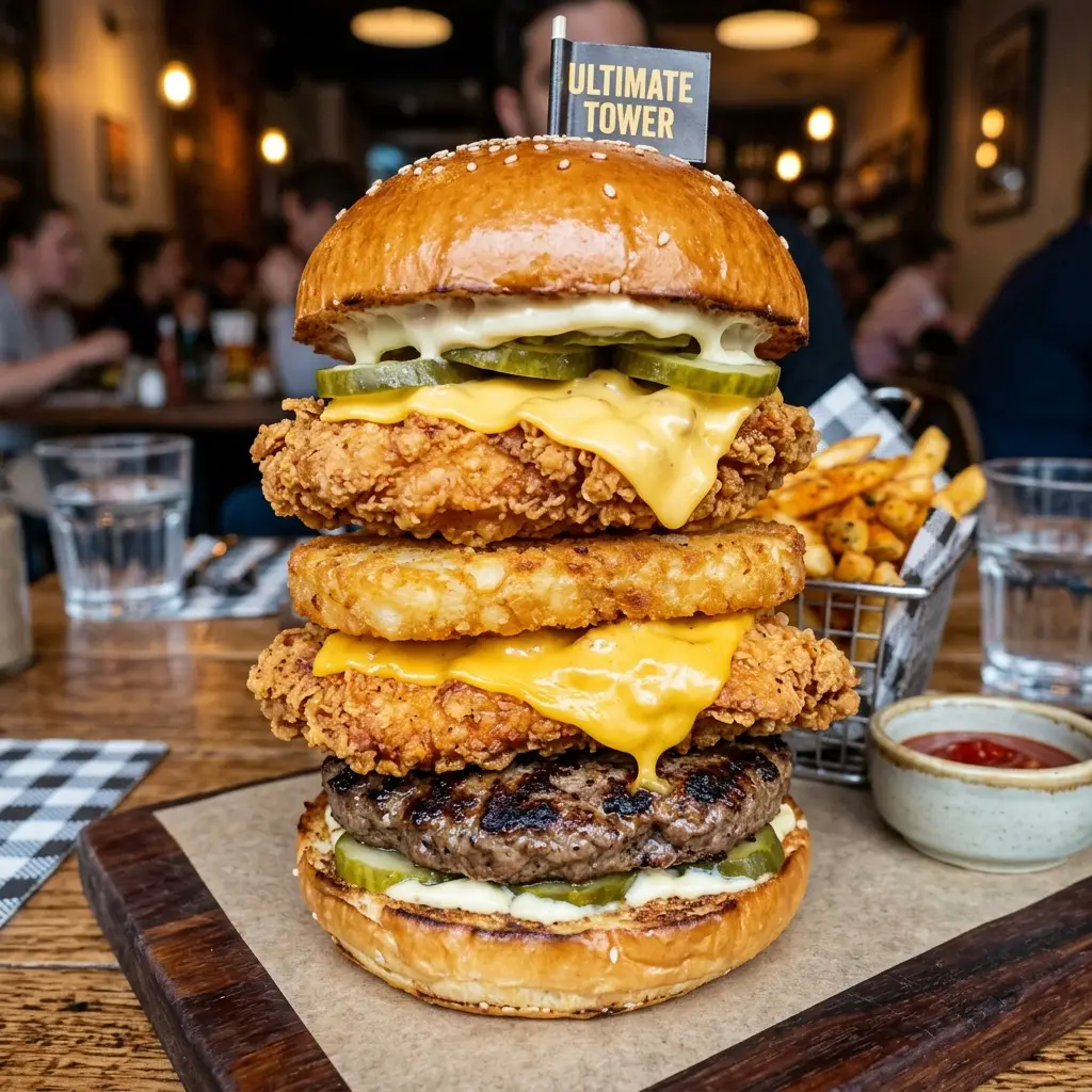 Gestapelter Hähnchen- und Rindfleisch-Burger mit Hash-Brown-Schichten