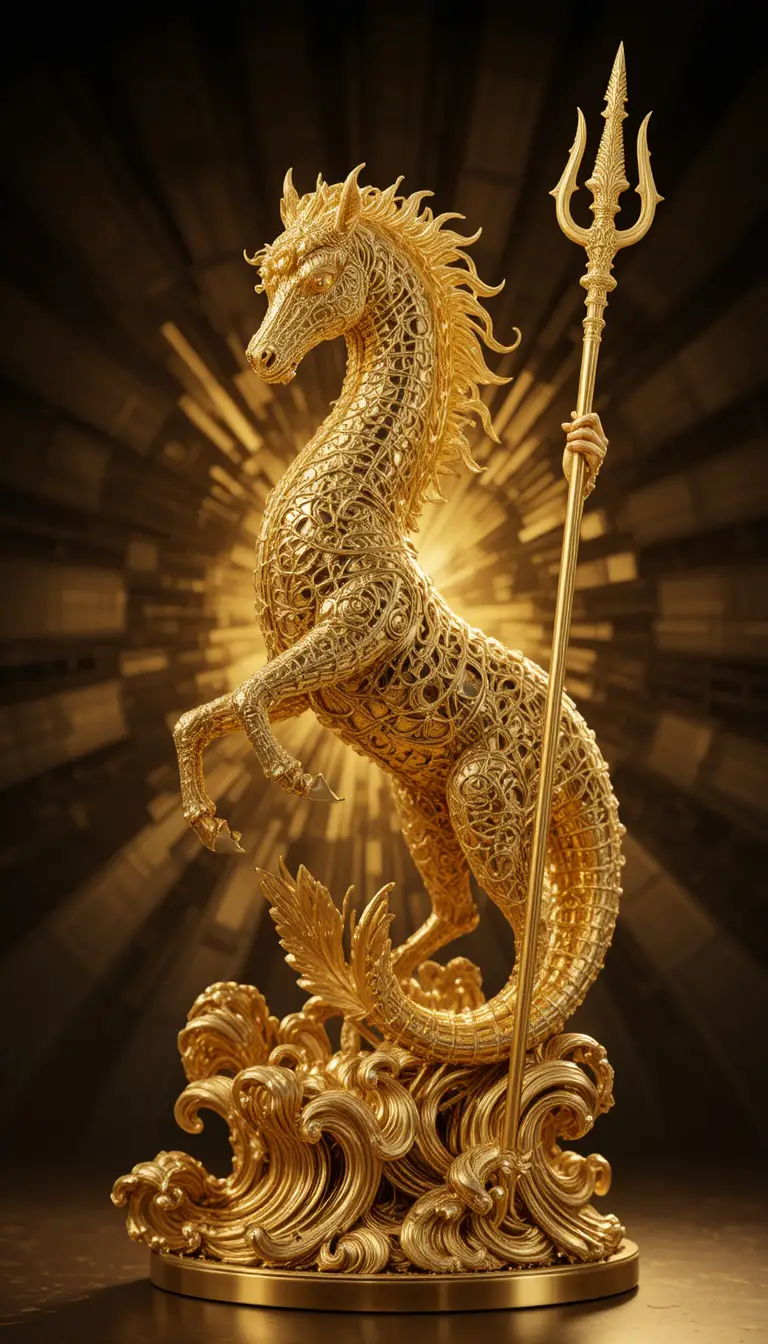 Goldene Chimärenstatue des Seekönigs auf wellenförmigem Sockel