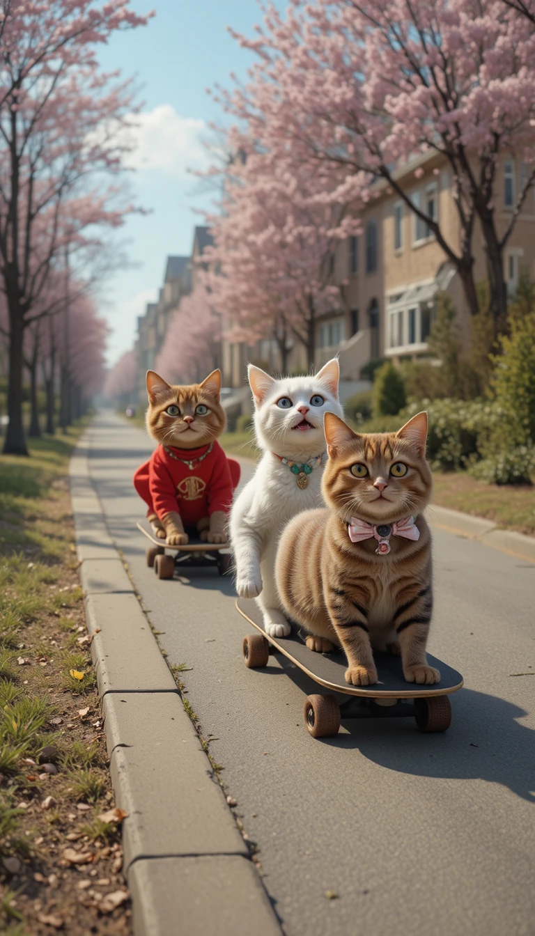 Drei verspielte Katzen skaten einen Stadtstraßenhügel hinunter