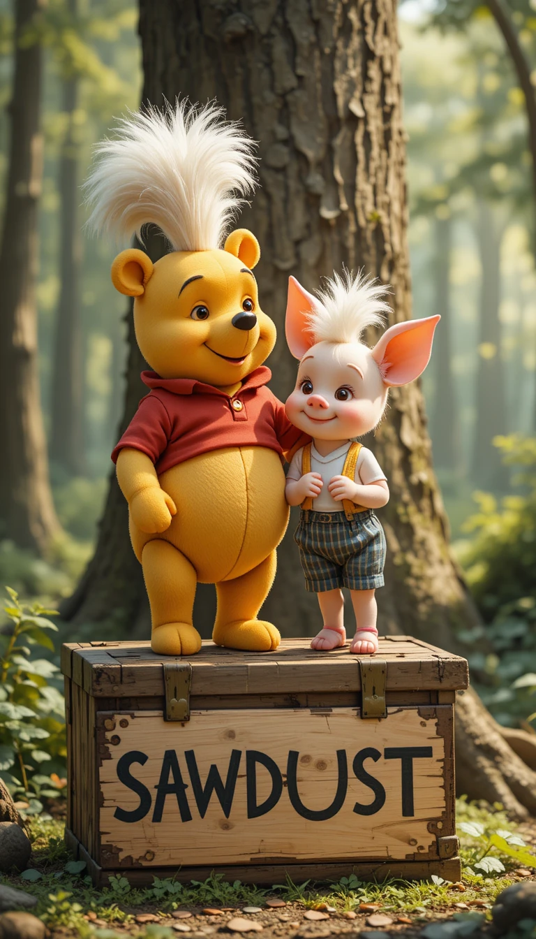 Ours et porcelet de dessin animé debout sur une caisse de sciure dans la forêt