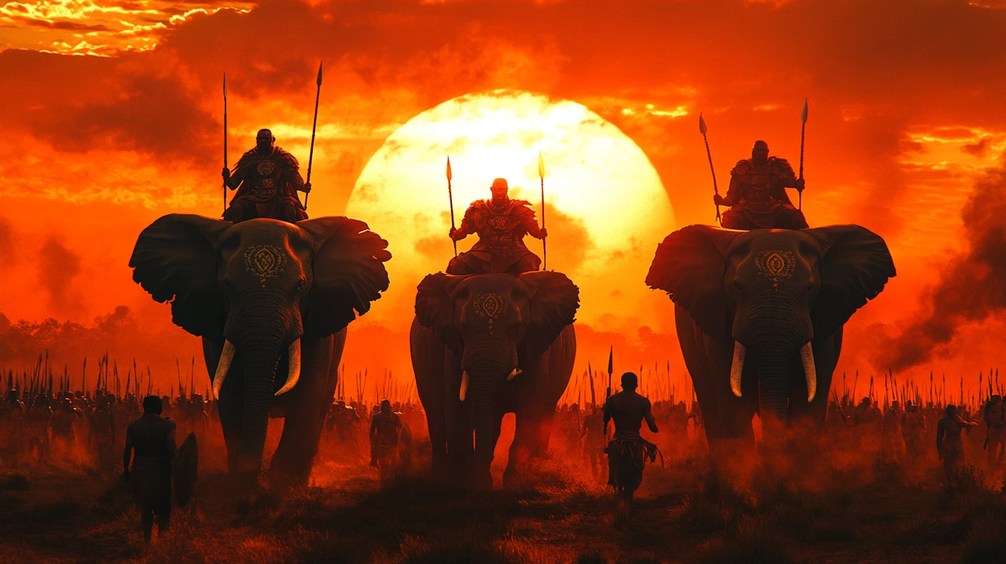 Épica procissão de elefantes de guerra ao pôr do sol ardente na savana