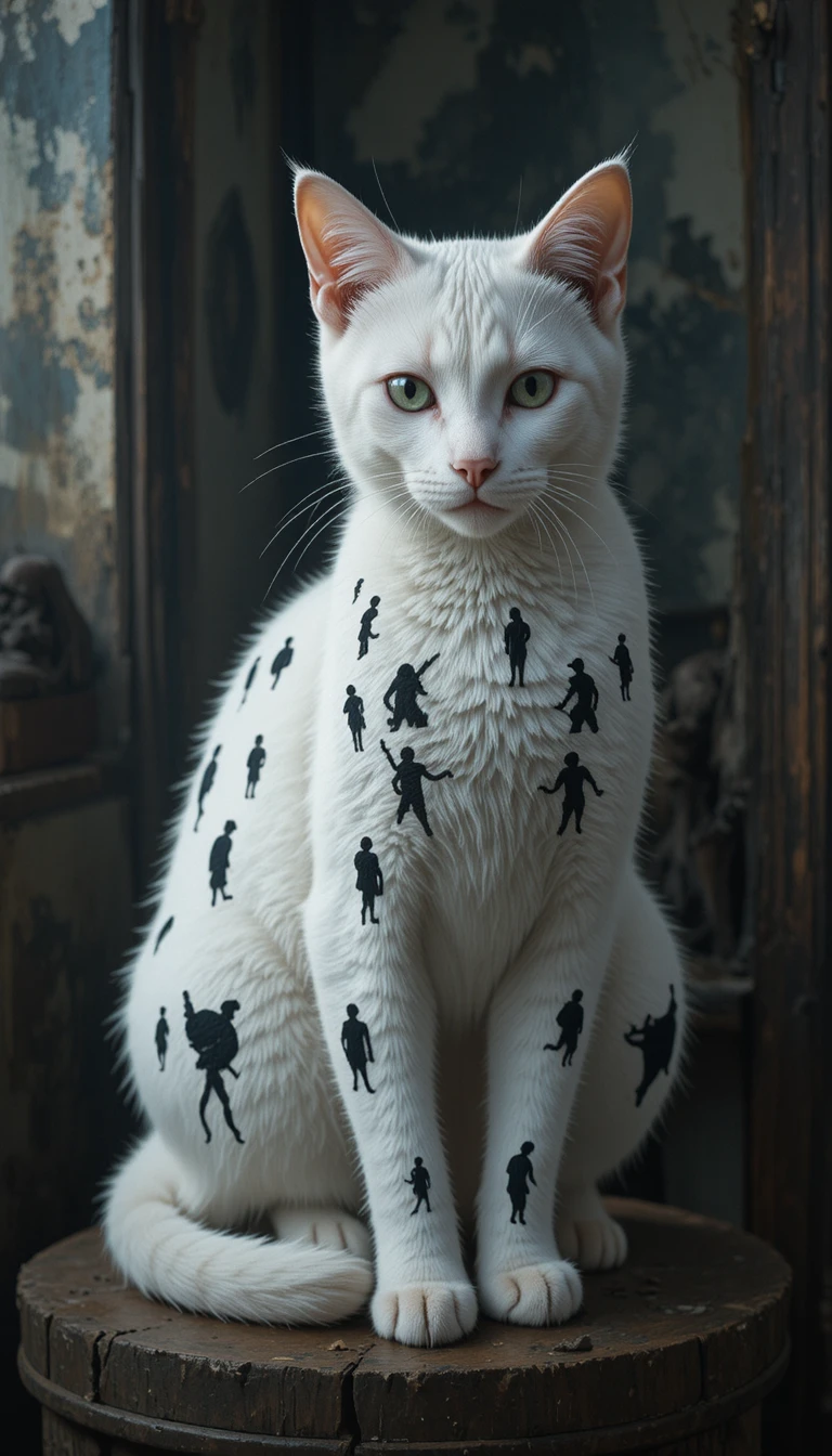 Chat blanc avec des taches en forme de silhouettes humaines sur son pelage