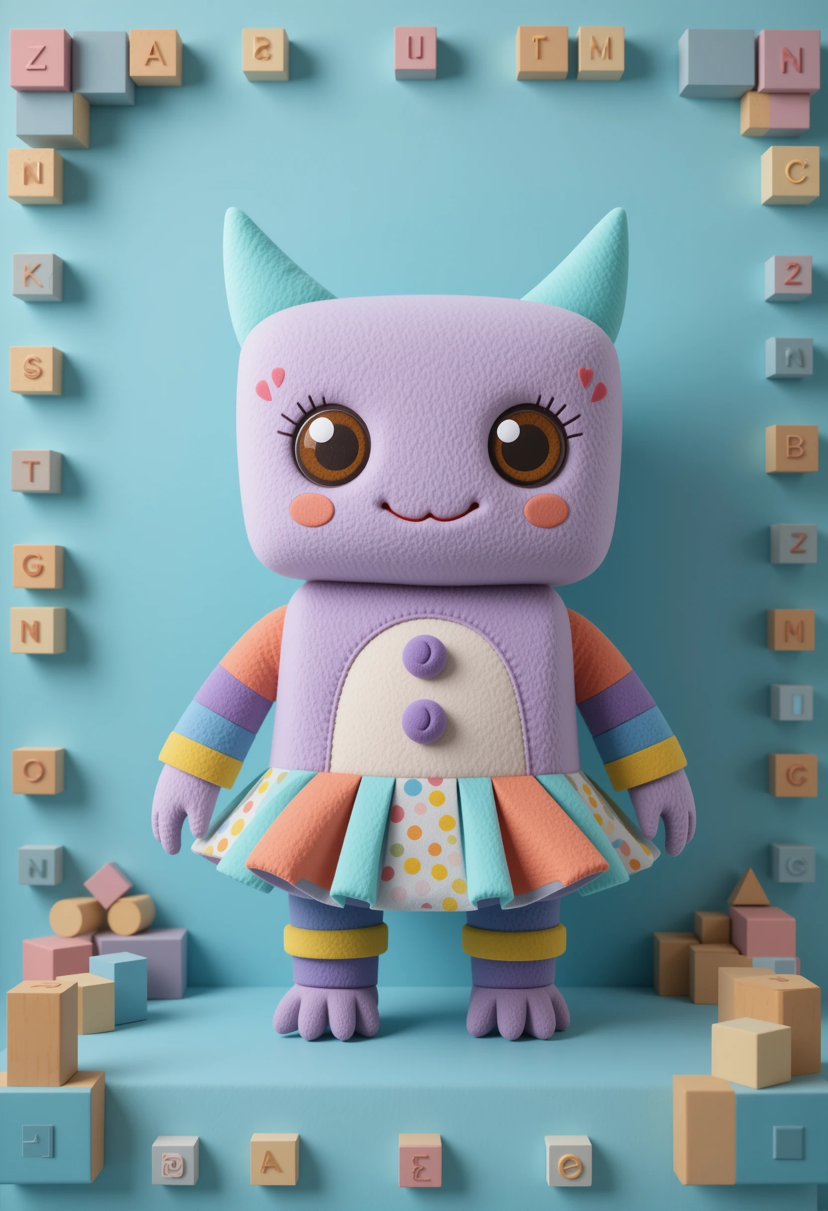 Personaggio di peluche geometrico in cornice di morbidi blocchi blu