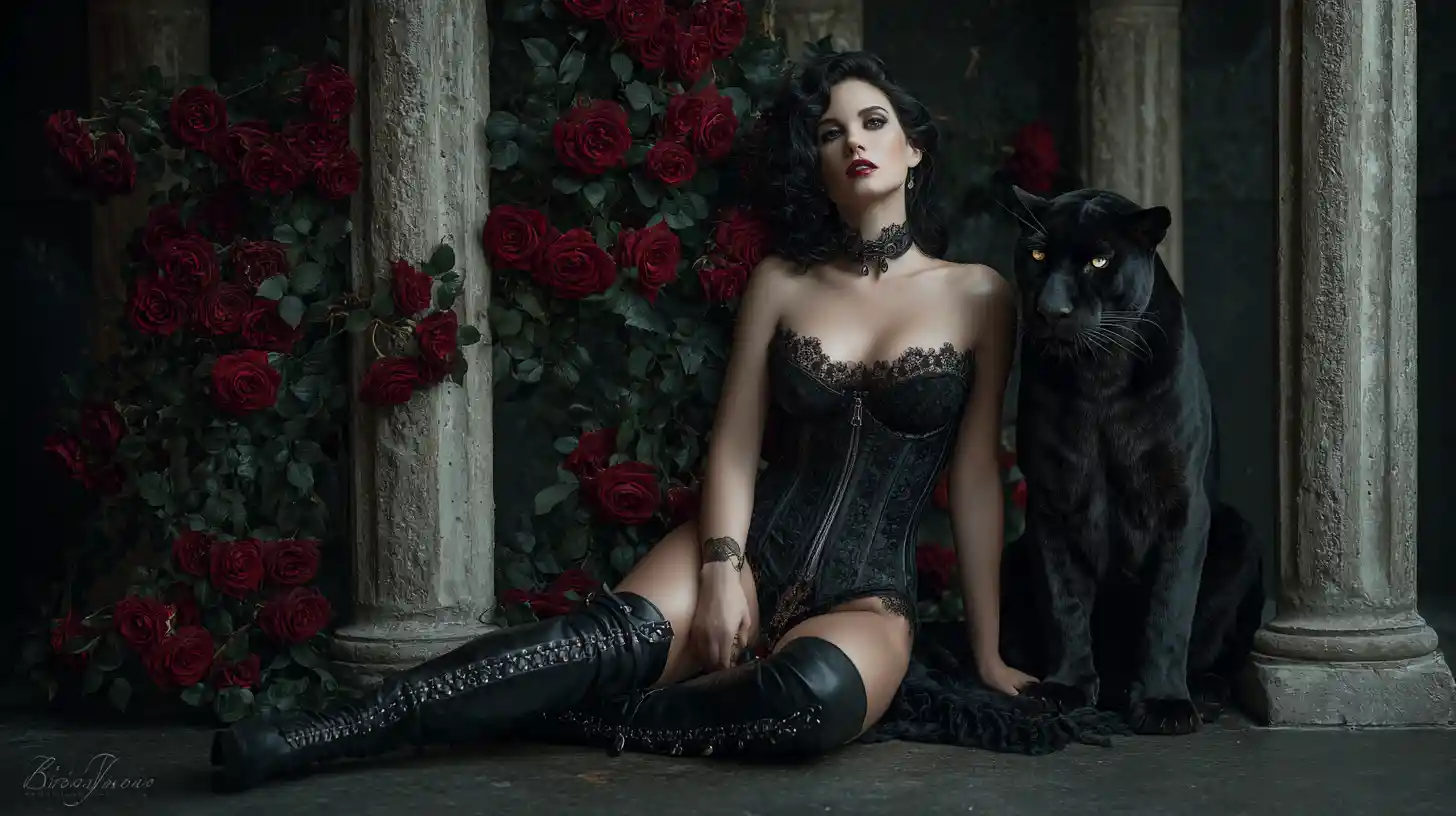 Donna gotica con corsetto nero, pantera e rose