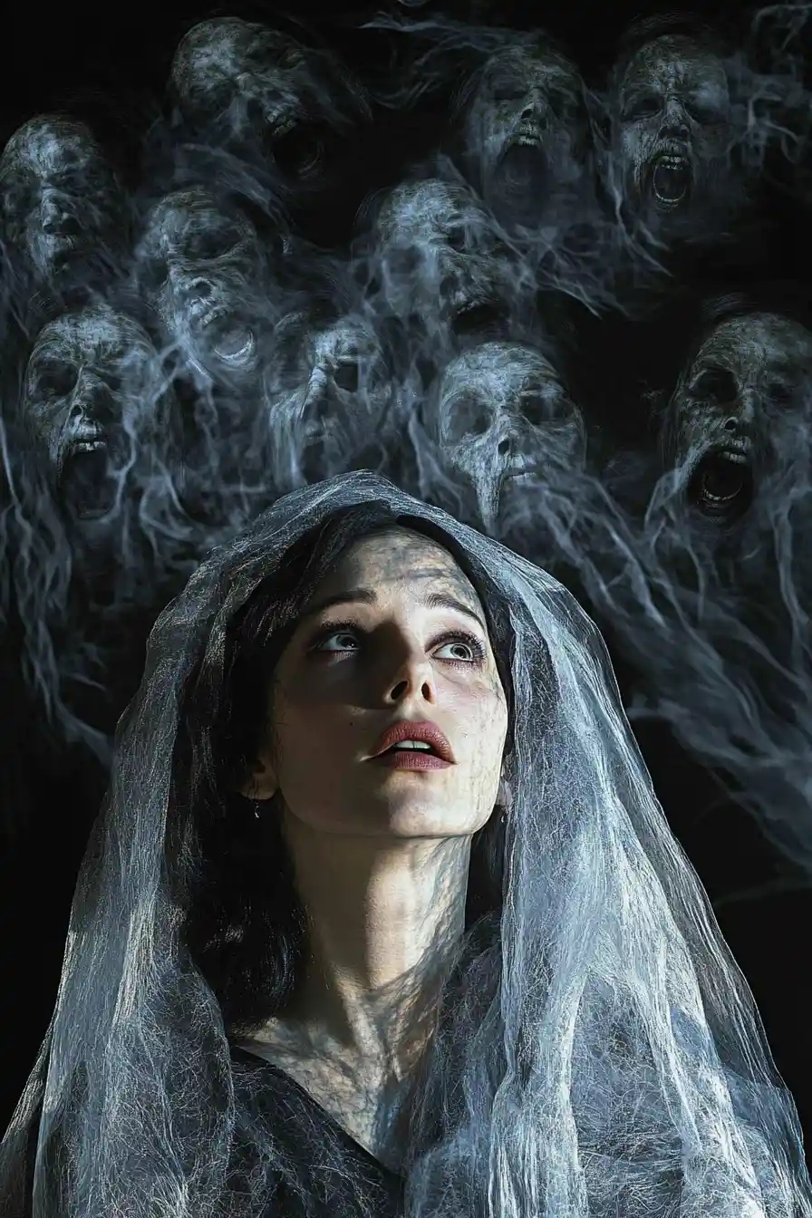 Femme voilée entourée de visages fantomatiques tourbillonnants dans l’obscurité
