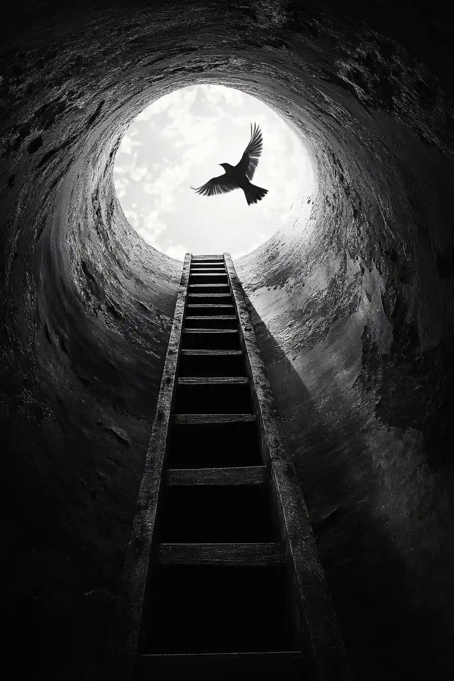 Surreal ladder ascent toward blinding light and flying bird