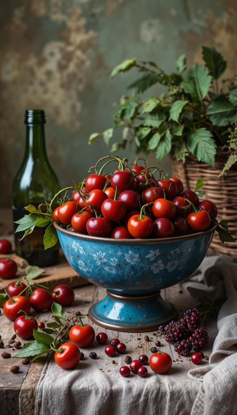 Nature morte rustique avec cerises, tomates et bouteille en verre vert