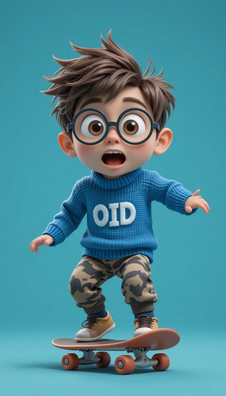 Menino de desenho animado em skate laranja em cena 3D verde-azulada