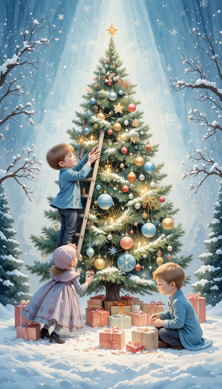 Enfants Décorant un Sapin de Noël dans une Douce Scène en Aquarelle