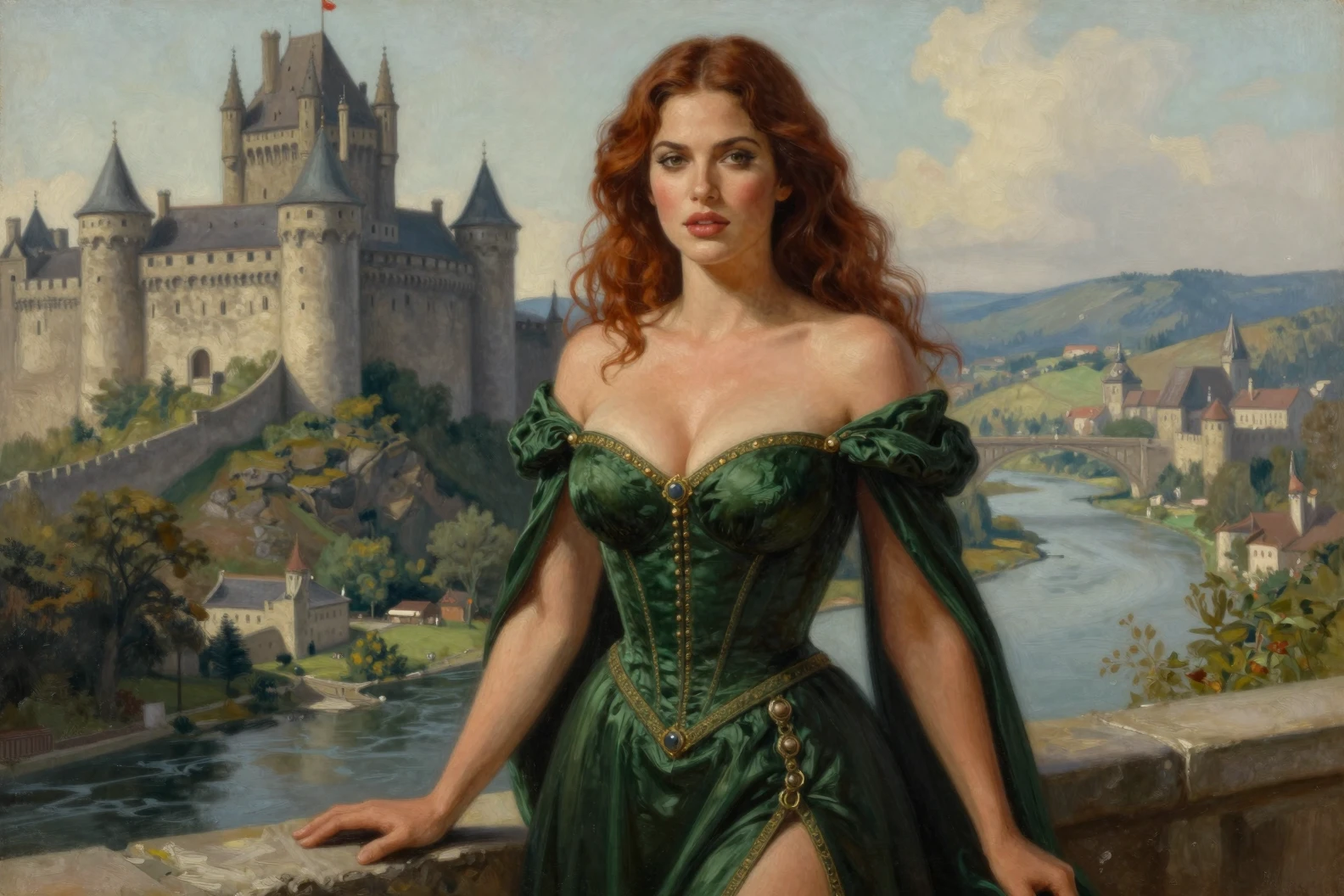 Donna formosa in abito medievale verde presso un castello sul fiume