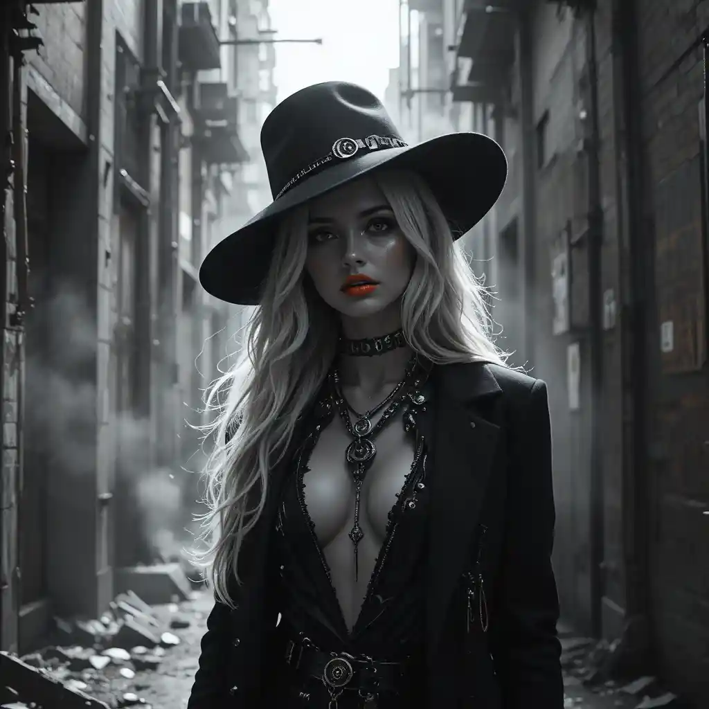 Cyber noir woman in a shadowed industrial city alley