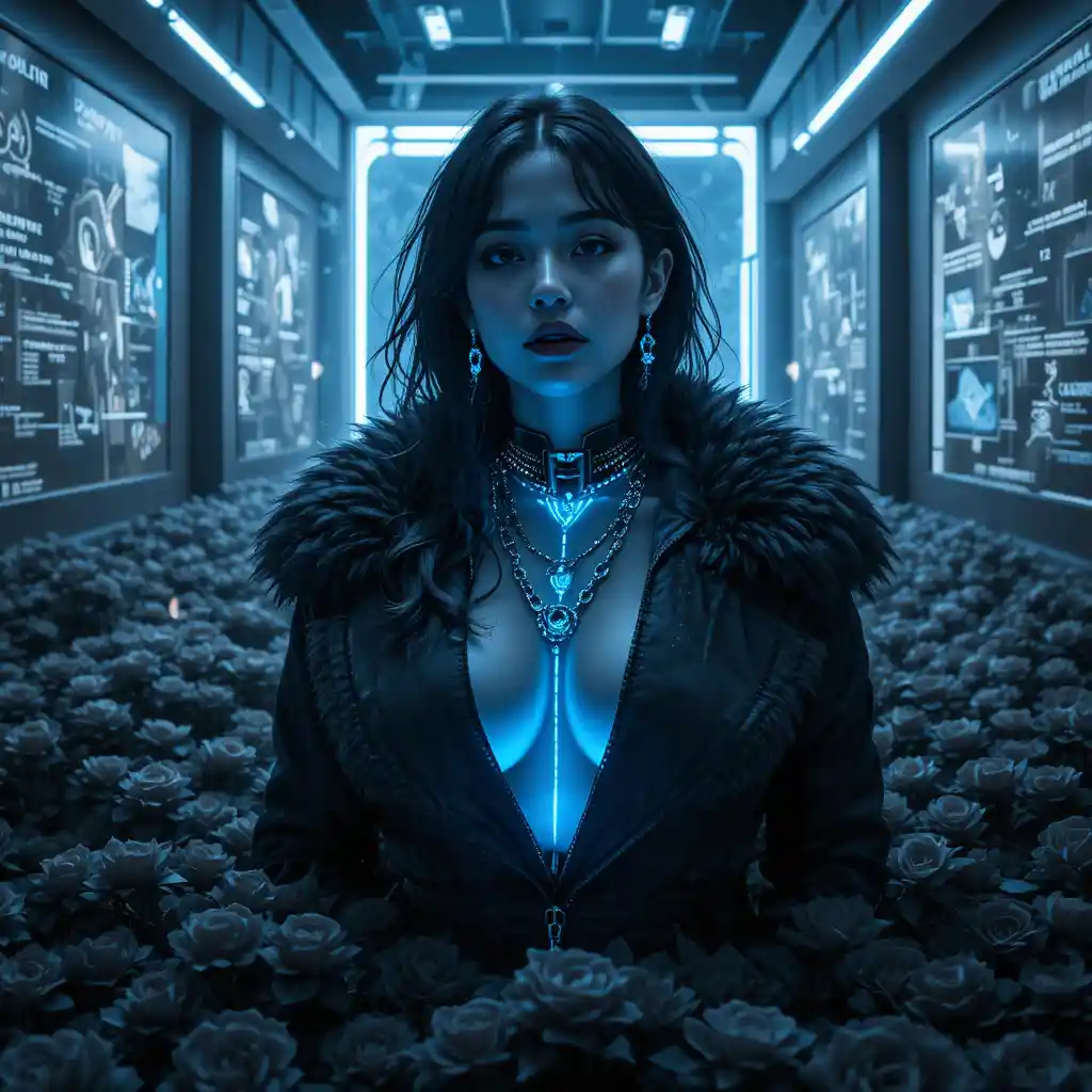 Mulher surgindo de rosas escuras em galeria gótica futurista