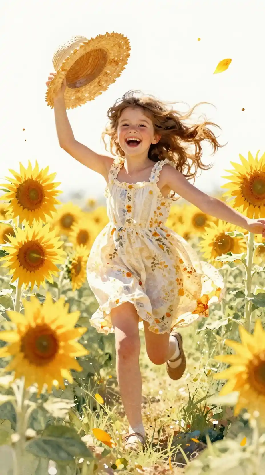 Girl running through a sunflower field in watercolor art