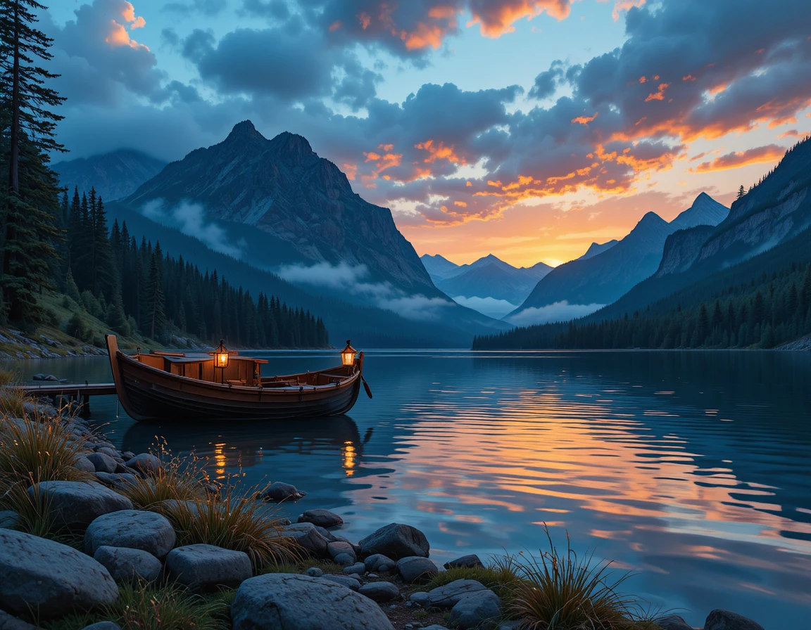 Barque en bois avec lanternes sur un paisible lac de montagne au coucher du soleil