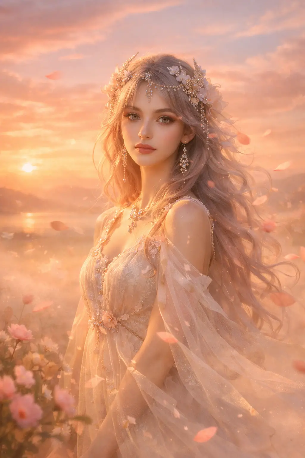 夢幻夕陽奇幻景觀中的空靈女子