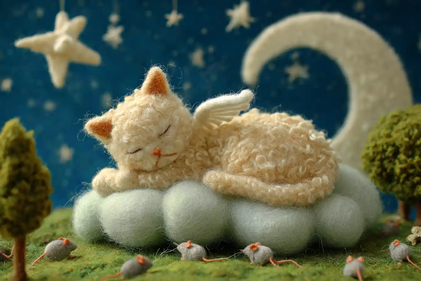 Felted angel cat sleeping on a cloud at night