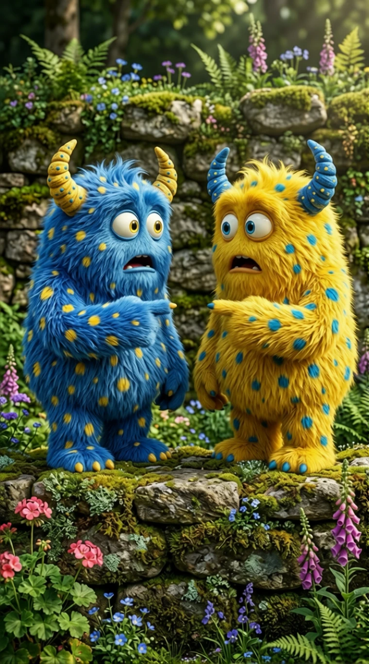 Dois monstros peludos e coloridos apontando um para o outro, surpresos