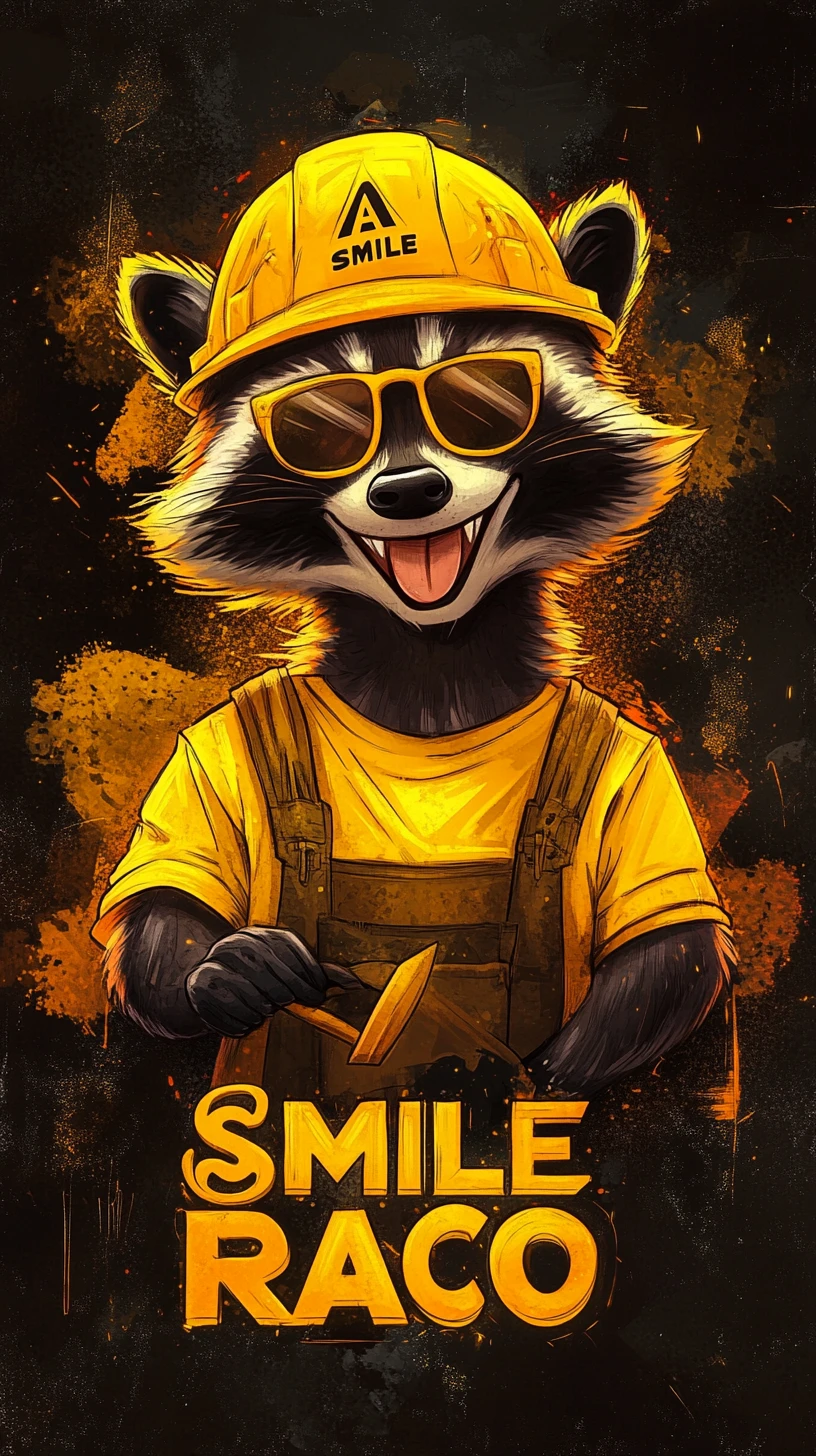 Cartoon raccoon worker mascot with shovel on dark background