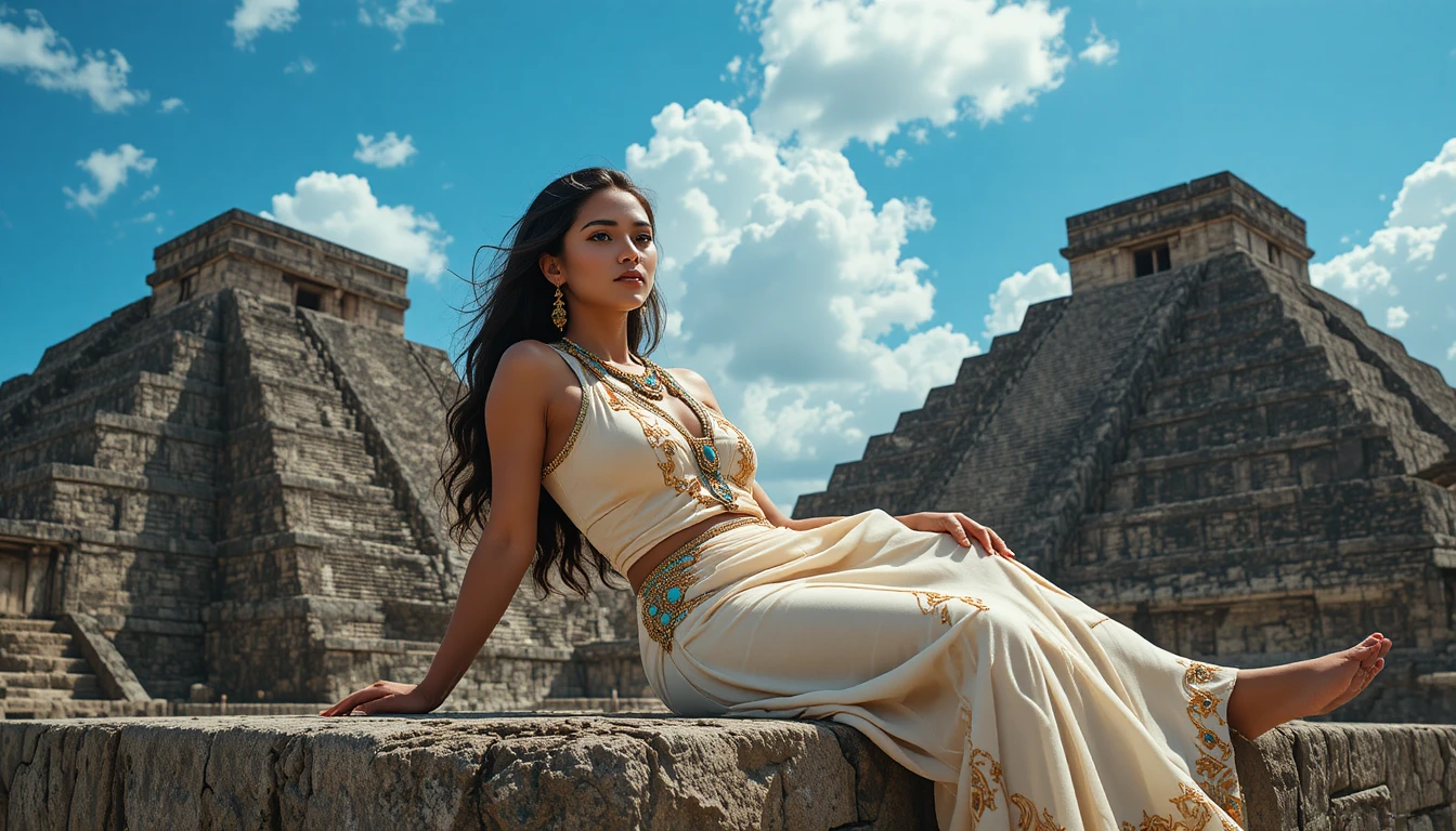 Giovane donna azteca che riposa su una cornice di pietra alle piramidi