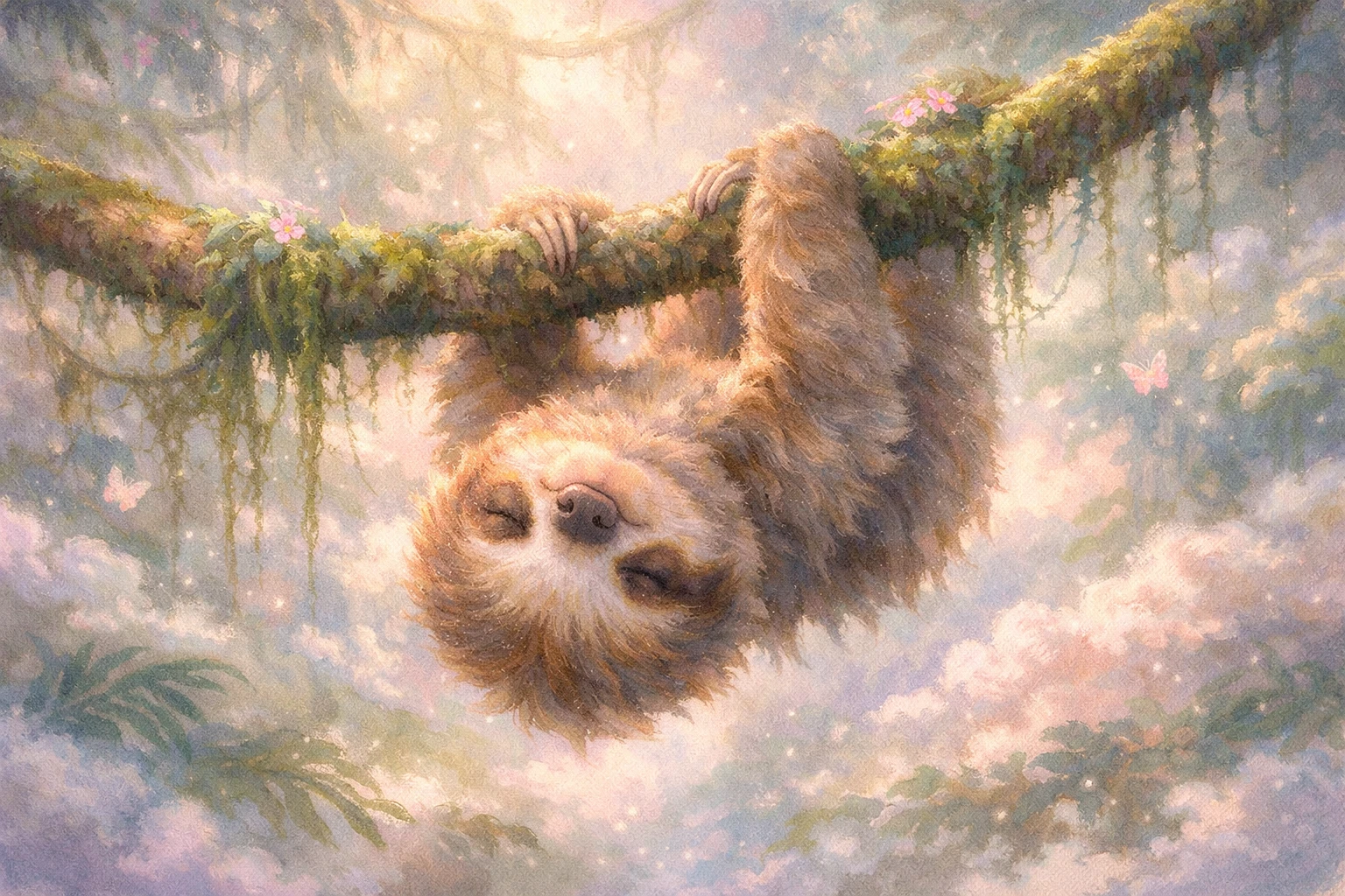 Filhote de bicho-preguiça pendurado no dossel enevoado da floresta de nuvens