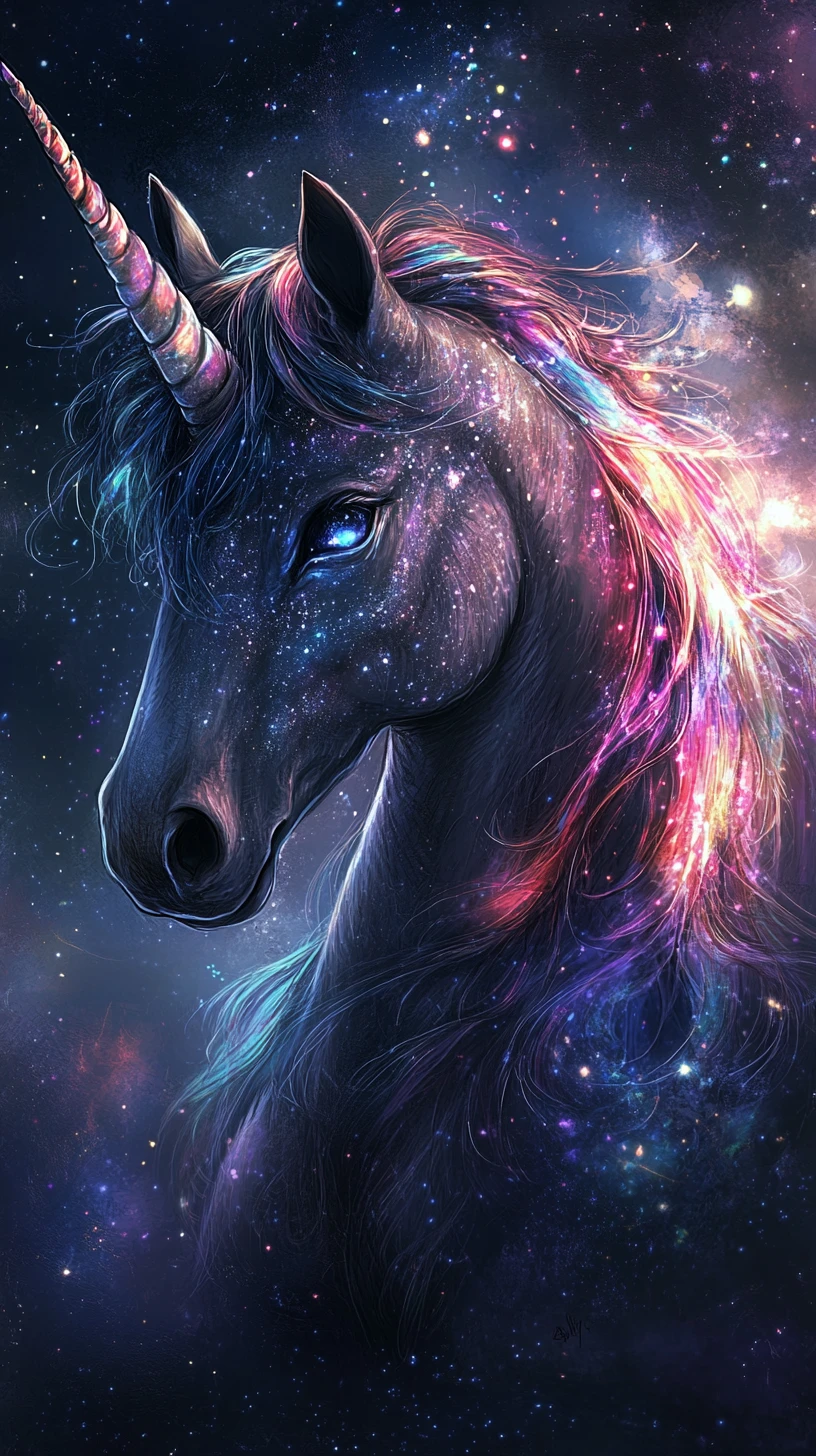 Ätherisches Einhorn, das in Sternenstaub und kosmischem Licht leuchtet