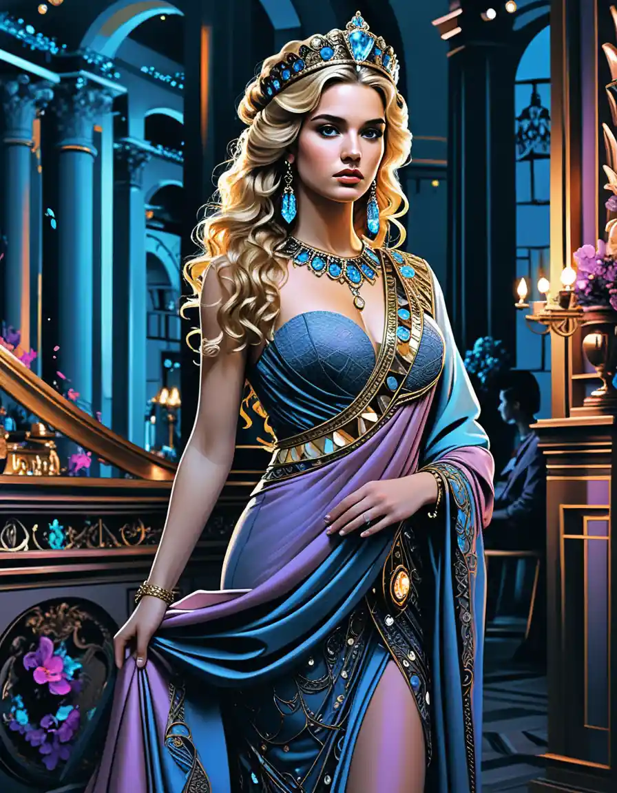 Regal Roman princess in a golden toga at twilight