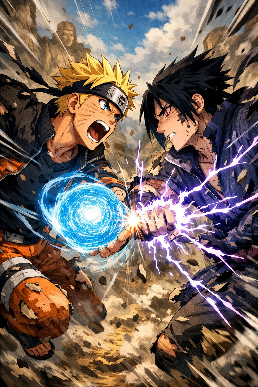 Dois garotos rivais de anime se enfrentam com poderes ninjas elementais