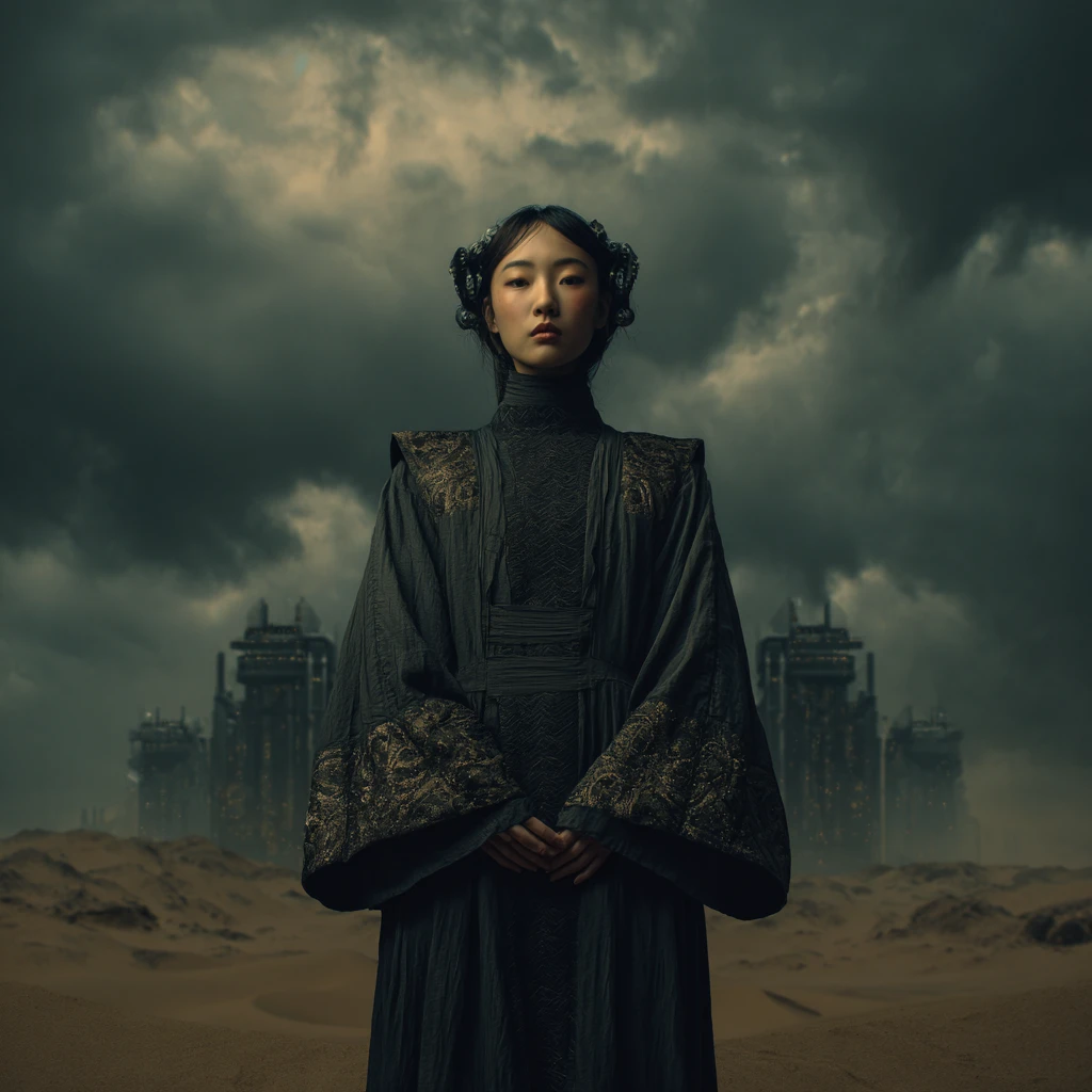Asian sci fi princess in dark robe aboard futuristic spacecraft
