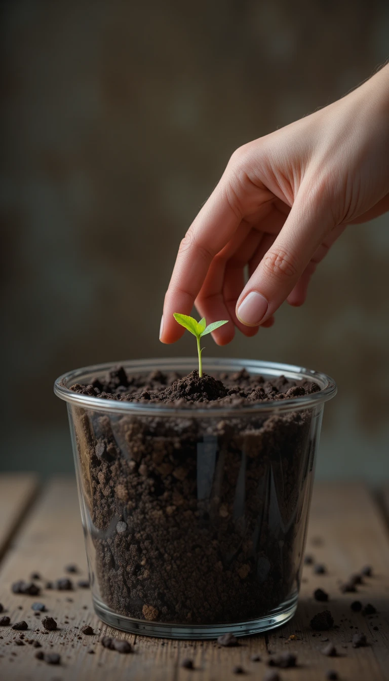 Mão plantando uma única semente de girassol-anão na terra