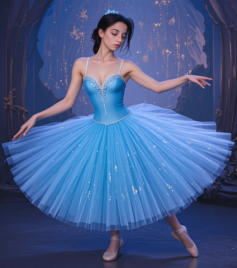 Elegante ballerina di danza classica che posa con un tutù azzurro da palcoscenico